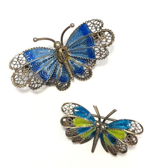 Vintage Silver Enamel Butterfly Brooch Guilloche Filigree Pin Set (2) - Picture 4 of 9